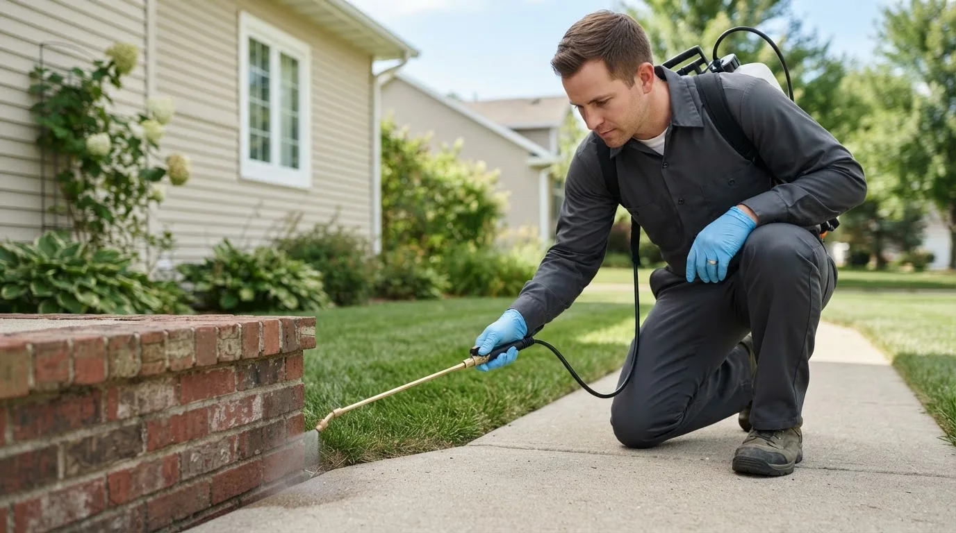 Pest control technician treating a home near Watts, OK